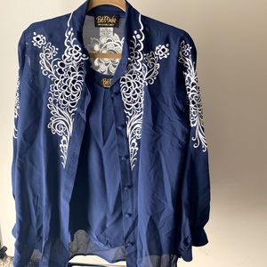 Bob Mackie 100% Silk blouse with cami blue and white embroidered details XS